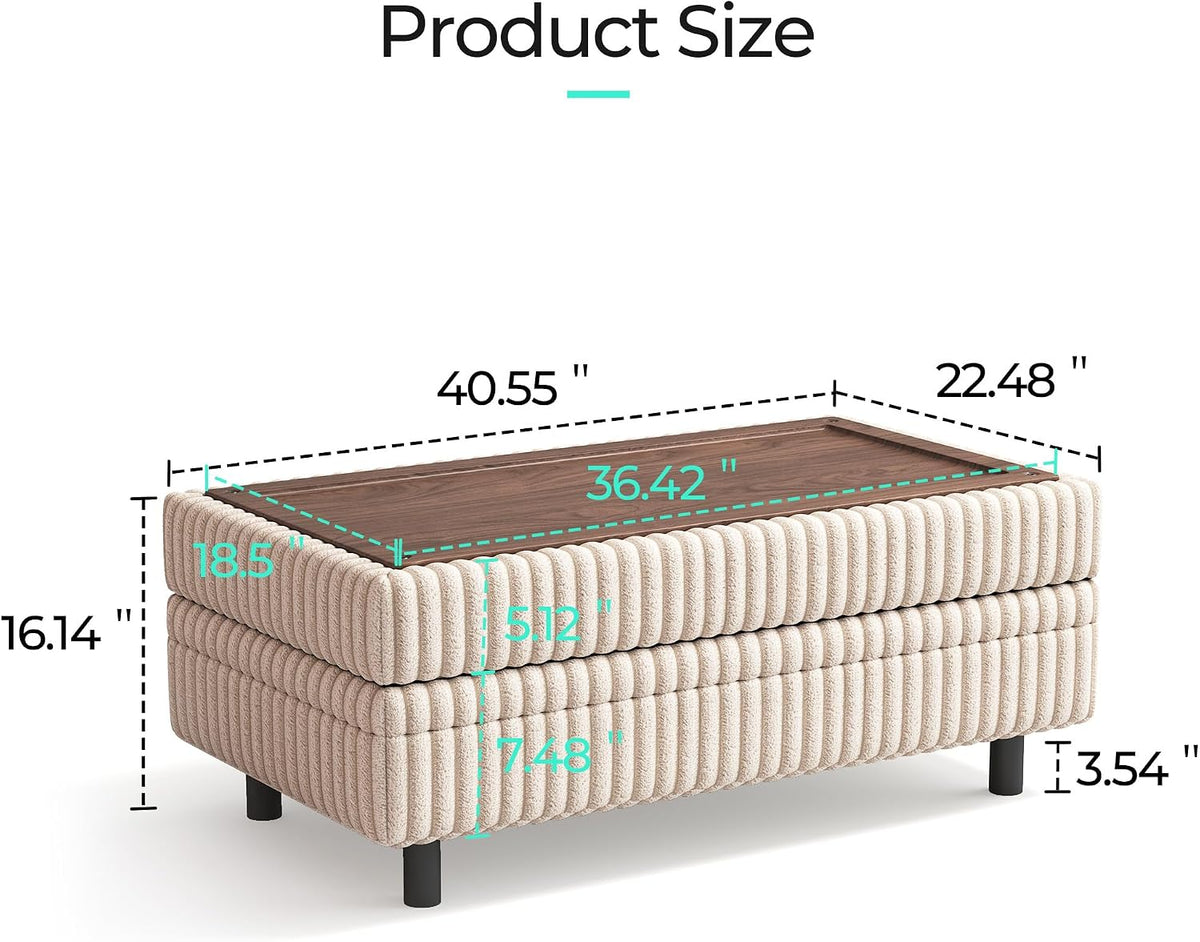 LINSY HOME Storage Ottoman Bench, 40" Convertible Coffee Table Plush Corduroy Foot Rest Ottoman for Living Room, Bedroom, Guest Room, Entryway, Beige