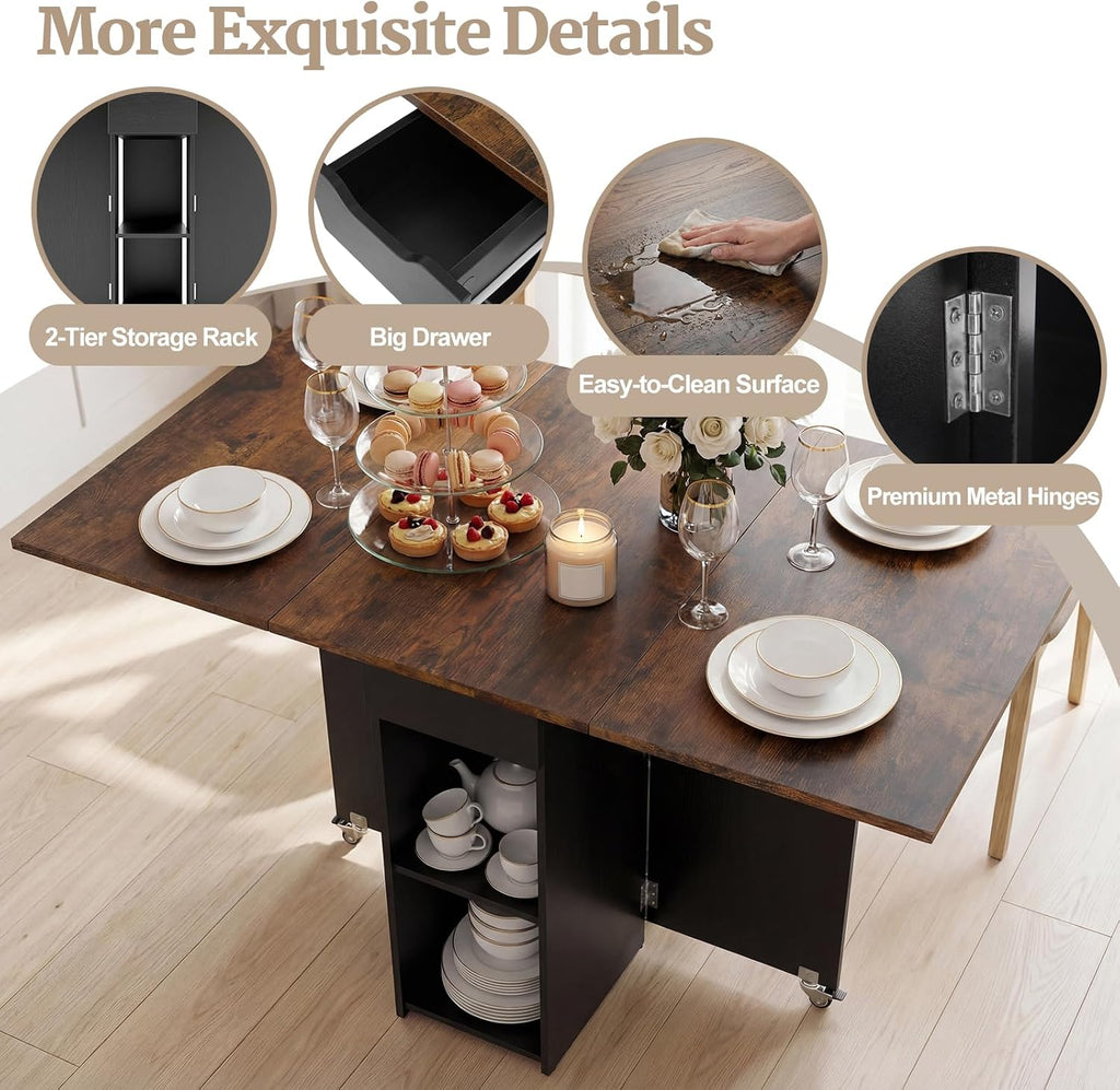 GOFLAME Drop Leaf Dining Table for 2-4, Folding Kitchen Table with Open Shelves & Drawer, Lockable Wheels, Space Saving Extendable Table for Dining Room, Living Room, Small Space, Rustic Brown & Black