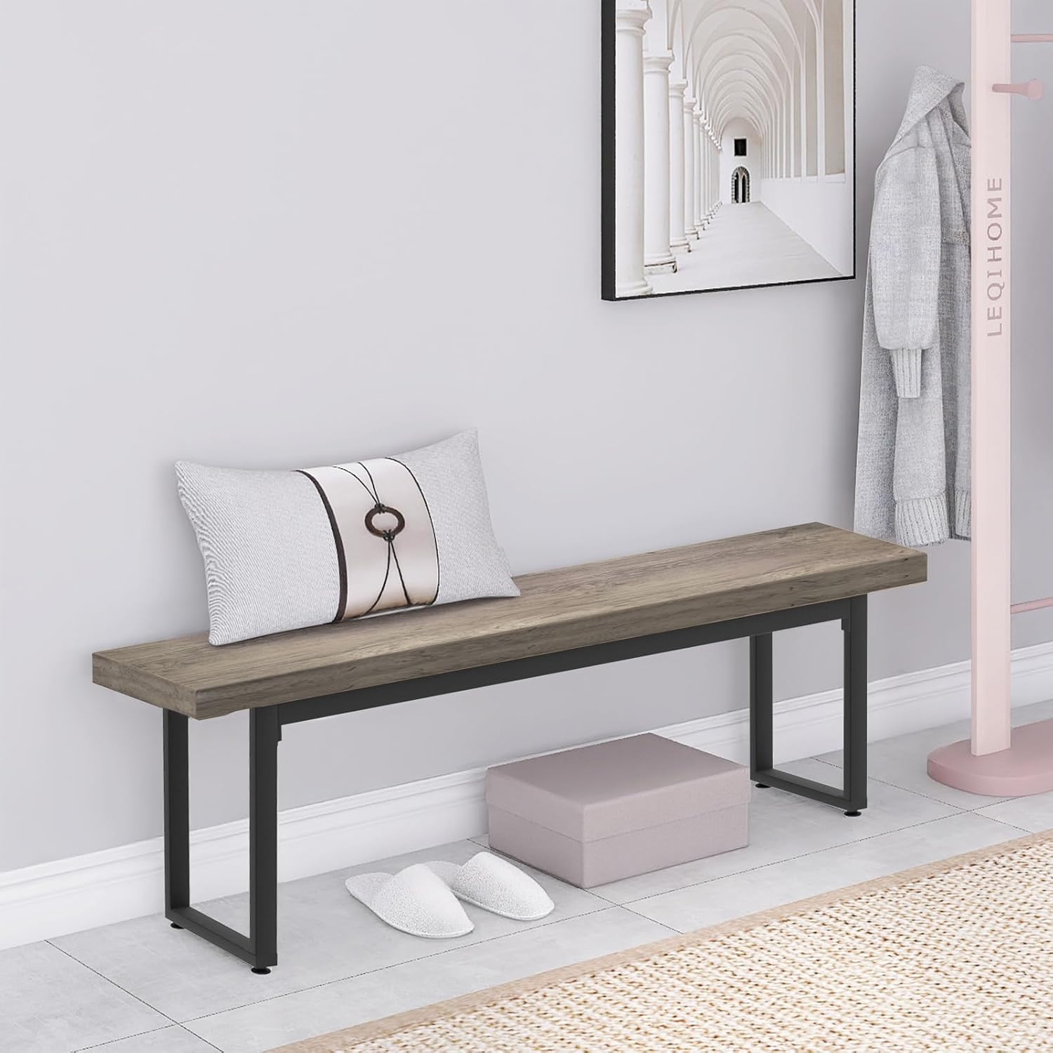 STHOUYN 59” Dining Bench Pair of 2 for 6-8 Person, Farmhouse Indoor Kitchen Table Benches, Bed Bench, Industrial Shoe Bench (Grey 2pcs)