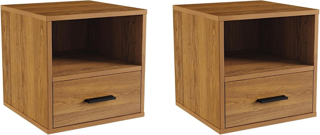 Lavish Home Side Table with Storage - Set of 2 Minimalist Modern Nightstand or End Table with Drawer - Stackable Modular Accent Furniture for Bedroom, Living Room, or Office (Brown Woodgrain)