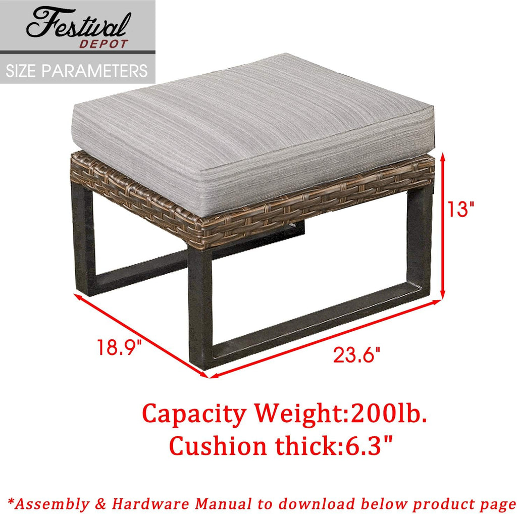Festival Depot Patio Ottoman Wicker Footstool with Thick Cushion Metal Frame Outdoor Furniture for Deck Yard All Weather (Grey)
