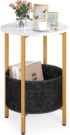Giantex Round End Table, Small Side Table with Removable Fabric Basket, Modern Bedside Table with Metal Frame, Sofa Couch Accent Table for Small Space Living Room, Nightstand for Bedroom, White