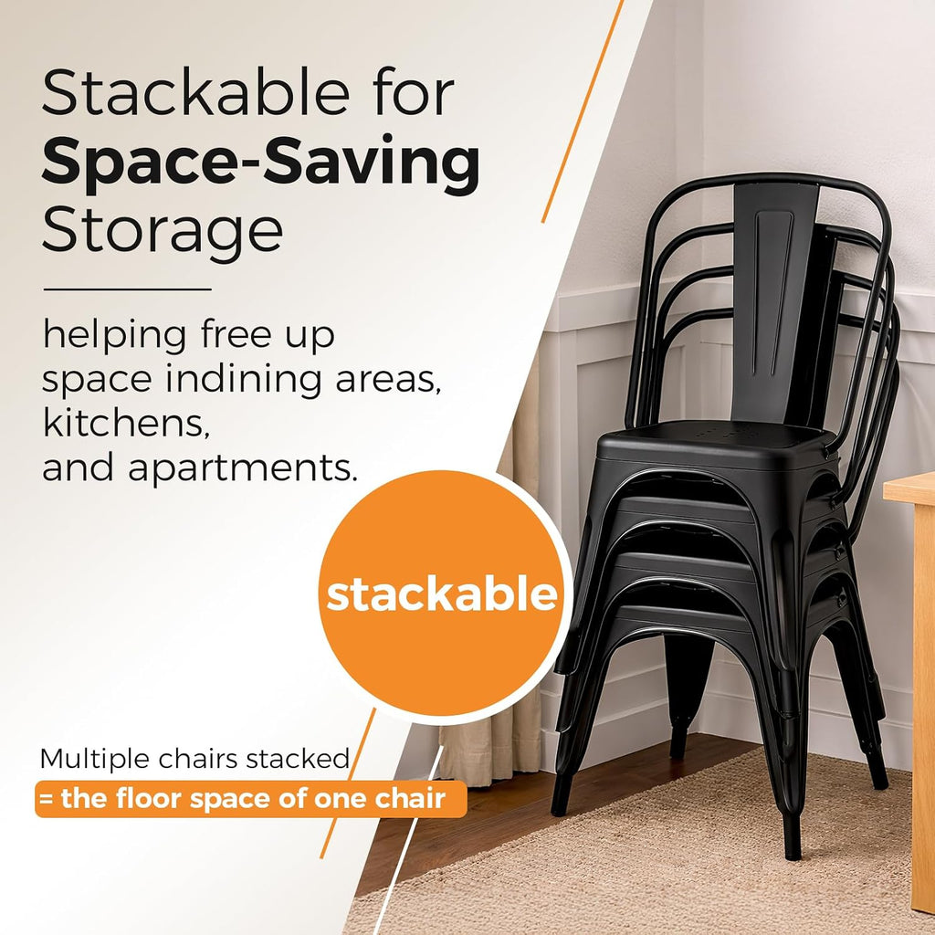Metal Dining Chairs with Backrest, Stackable, Matte Black, 6 Pack | Easy Assembly, Non-Slip Feet, 330 lb Capacity, Kitchen, Restaurant, Cafe, Pub, Covered Patio