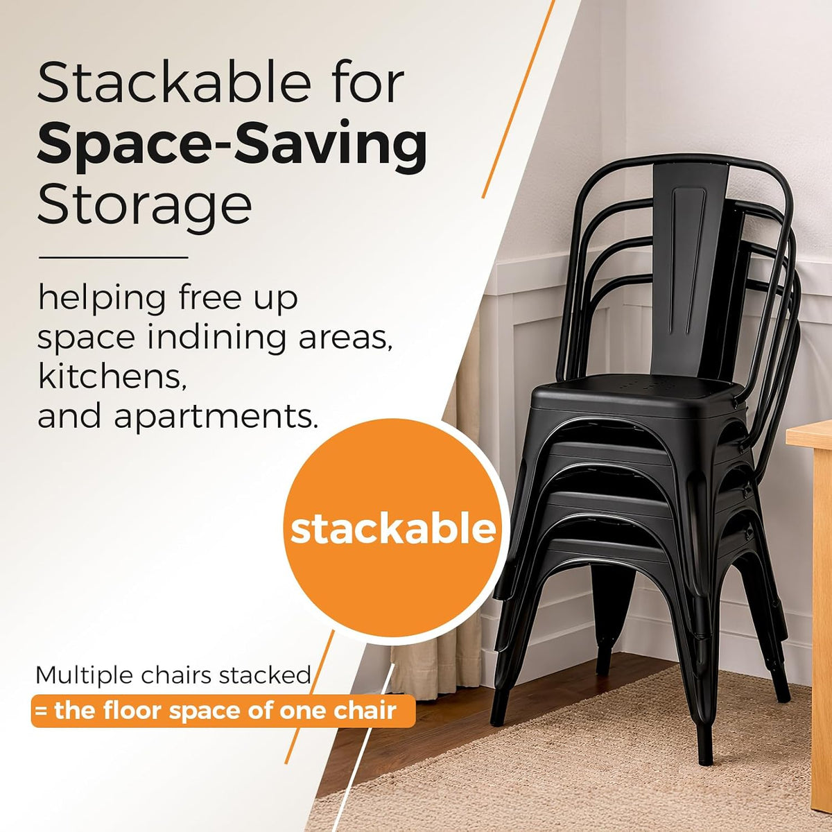 Metal Dining Chairs with Backrest, Stackable, Matte Black, 6 Pack | Easy Assembly, Non-Slip Feet, 330 lb Capacity, Kitchen, Restaurant, Cafe, Pub, Covered Patio