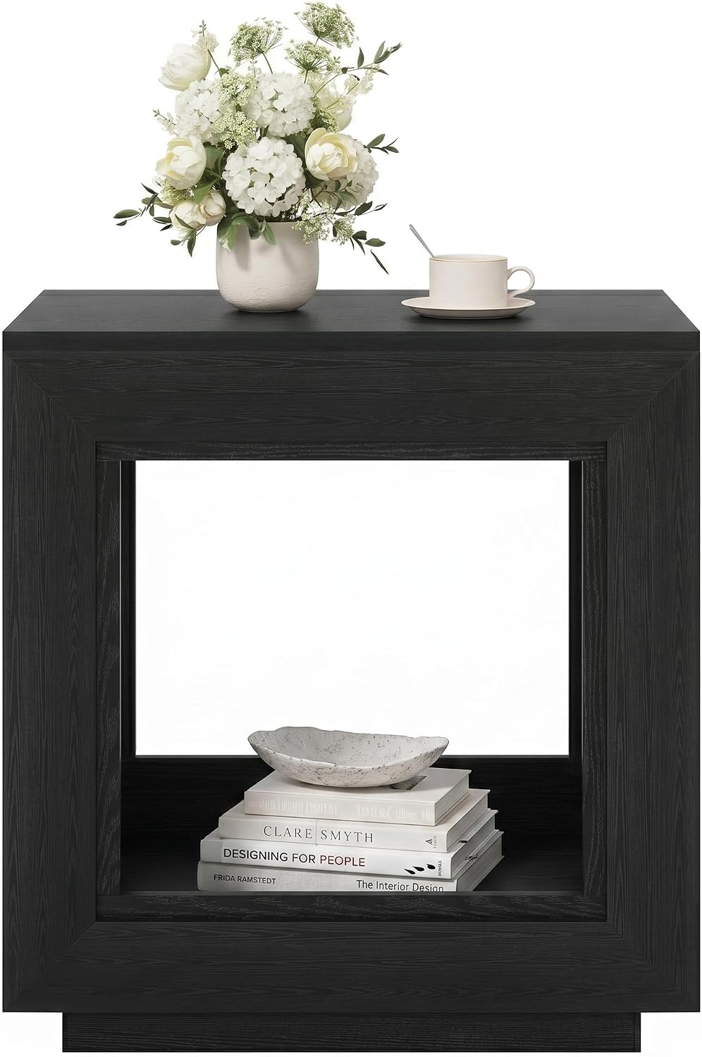 LITTLE TREE End Table with Storage, Wooden Square Side Table, Industrial Sofa Side Tables for Living Room, 2-Tier Bedside Table Nightstand for Bedroom, Chair Side Table for Small Spaces, Black