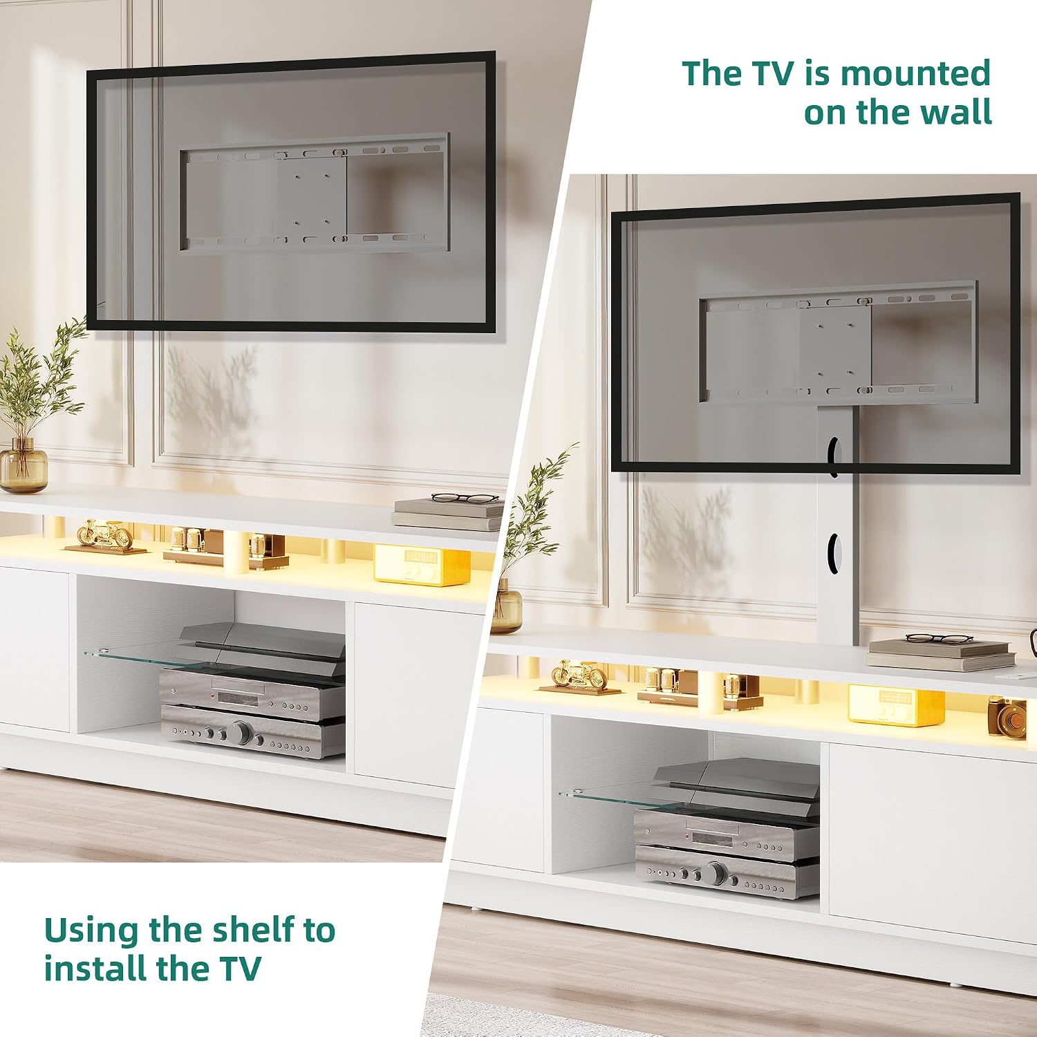 YITAHOME Modern TV Stand with Mount, Media Console with LED Light, White | Entertainment Center with 2 Storage Doors & Built-in Power Outlets for 75/70/65 Inch TVs for Living Room
