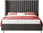 Jocisland King Size Bed Frame Velvet Upholstered Wingback Headboard, Grey