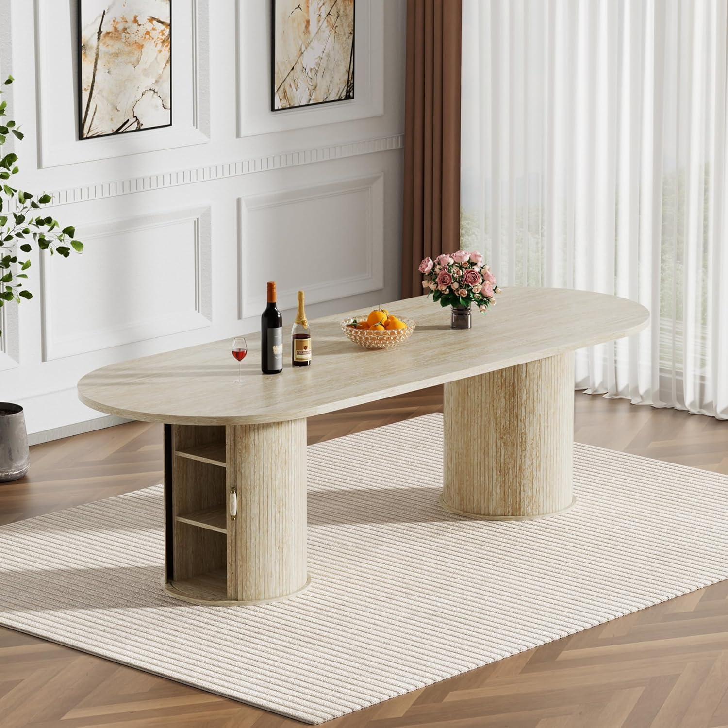 Modern Extendable Dining Table for 6-8-10,Rustic Expandable Oval Kitchen Tables,63-79-94 Inch Large Dining Table with Faux Travertine Top and Storage Pedestal Base