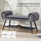 45" Velvet Entryway Bench with Shoe Storage Shelf, Grey | Upholstered bench with rolled arms, nailhead trim, padded seat and metal shelf for shoes, 1 seater, for hallway or bedroom
