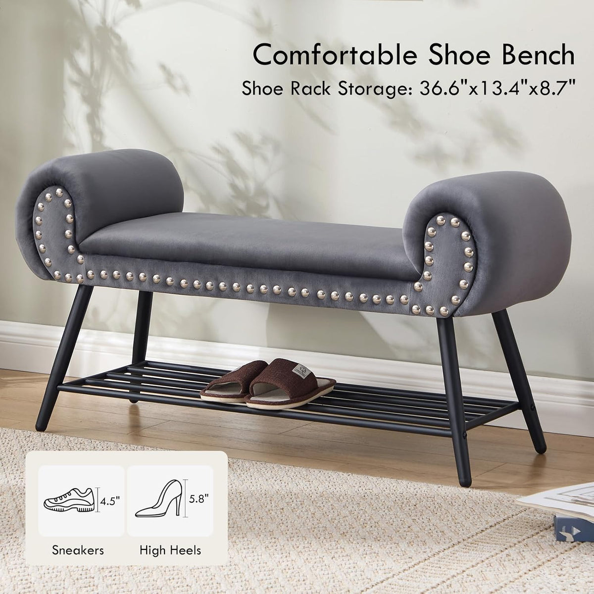 45" Velvet Entryway Bench with Shoe Storage Shelf, Grey | Upholstered bench with rolled arms, nailhead trim, padded seat and metal shelf for shoes, 1 seater, for hallway or bedroom