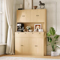 Modern Tall Kitchen Pantry Cabinet with Charging Station - 71" Height, 47" Wide Hutch, 2 Drawers, 8 Doors, Adjustable Shelves, Countertop - Dining Room or Kitchen Storage - Natural Wood