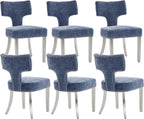 Shenyon Mid Century Modern Dining Chairs Set of 6, Chenille Fabric Upholstered Dining Room Chairs Curved Backrest with Nailhead Trim, Kitchen Chairs with Silver Stainless Steel Legs, Blue