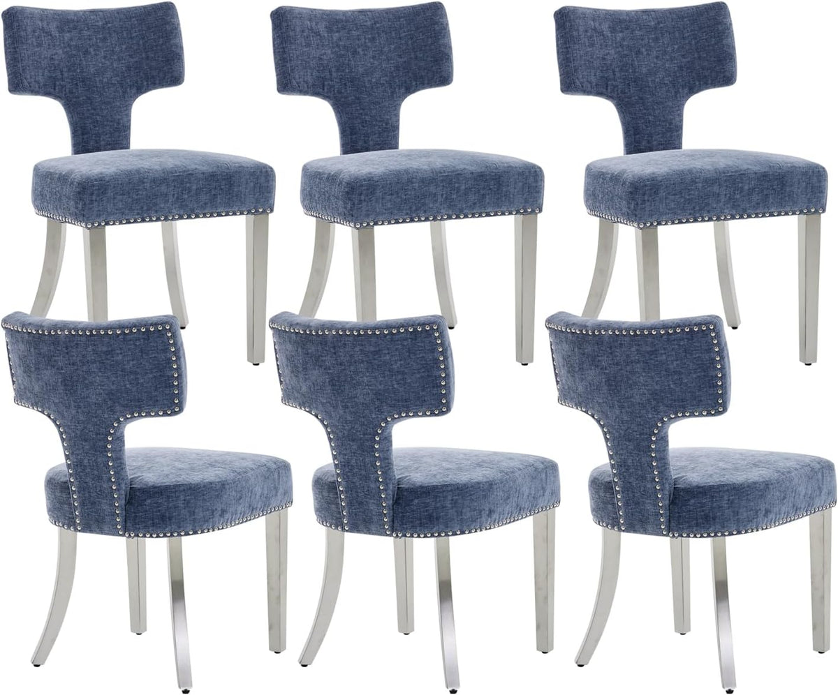 Shenyon Mid Century Modern Dining Chairs Set of 6, Chenille Fabric Upholstered Dining Room Chairs Curved Backrest with Nailhead Trim, Kitchen Chairs with Silver Stainless Steel Legs, Blue