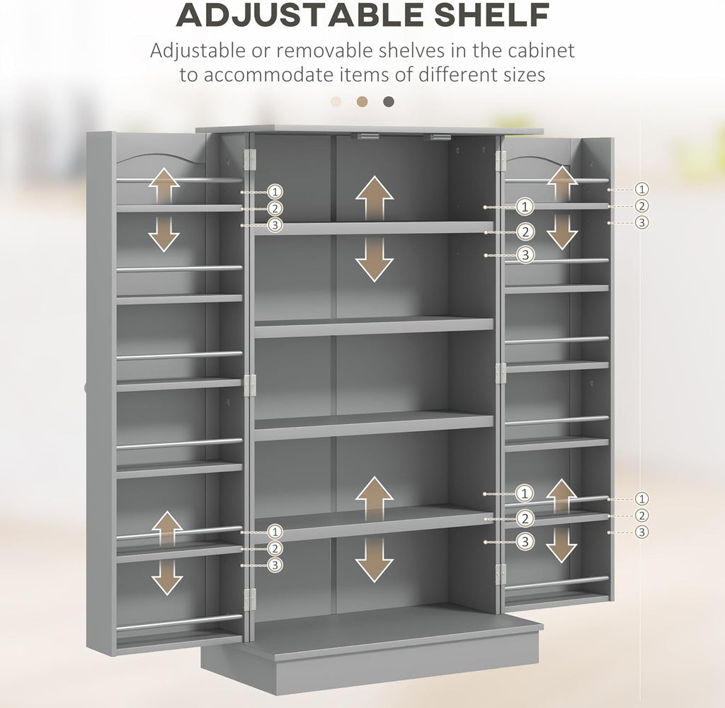 41" Paper Gray Kitchen Pantry Cabinet Freestanding Vertical Cupboard with Double Doors 5-Tier Interior Shelves & 12 Door Racks Adjustable Storage
