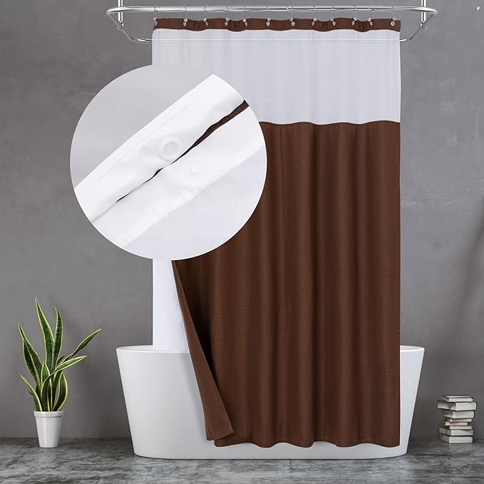 N&Y HOME Waffle Weave Shower Curtain with Snap-in Fabric Liner & 12 Metal Hooks Set - Hotel Style, Waterproof & Washable, Heavyweight Fabric & Mesh Top Window - 71x72, Chocolate Brown