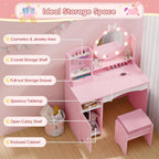 MU Kids Vanity Table and Chair Set – Princess Girls Vanity Set with Mirror, Lights, Jewelry Storage, and Cushioned Stool, Toddler Makeup Vanity for Little Girls (Pink)
