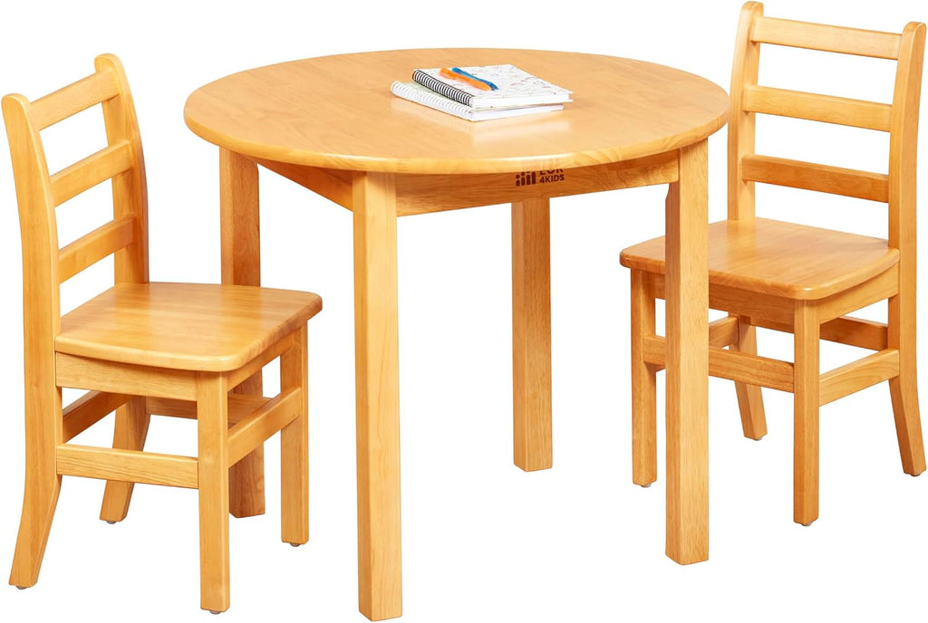 ECR4Kids 30in D Round Hardwood Table with 24in Legs and Two 14in Chairs, Kids Furniture, Honey, 3-Piece | Durable rubberwood, GREENGUARD Gold Certified, ANSI/BIFMA Compliant, 6-8 years, 200 lb seat capacity, classroom & home use