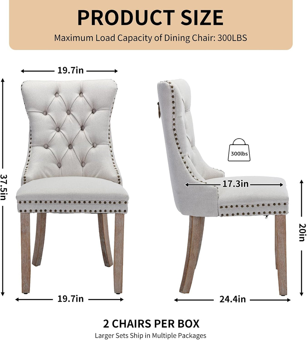Linen Dining Chairs Set of 2, Tufted Upholstered High Wingback Chairs with Nailhead Trim & Pull Ring, Solid Wood Legs in Weathered Finish for Dining Room, Sillas de Comedor, Beige