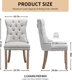 Linen Dining Chairs Set of 2, Tufted Upholstered High Wingback Chairs with Nailhead Trim & Pull Ring, Solid Wood Legs in Weathered Finish for Dining Room, Sillas de Comedor, Beige
