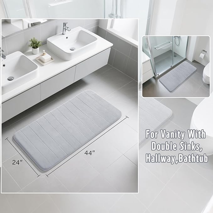 Yimobra Long Bath Mat 44"x24", Super Soft Quick Dry Memory Foam Bathroom Rug, Water Absorbent, Non Slip Backing Machine Washable for Tub Shower, Thick Comfort Support, Silver
