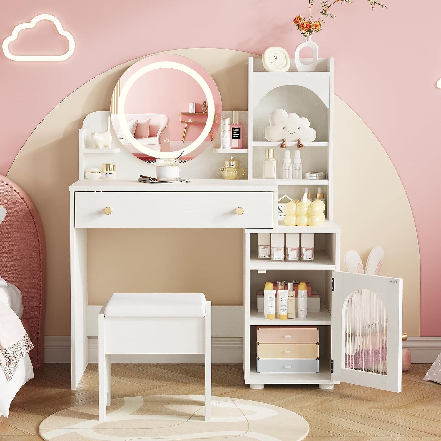 Vabches Kids Vanity with Mirror & Lights,Princess Toddler Vanity Table | 2 in 1 Princess Makeup Vanity Desk Wooden Pretend Play Vanity Desk and Chair Set for Little Girls,White