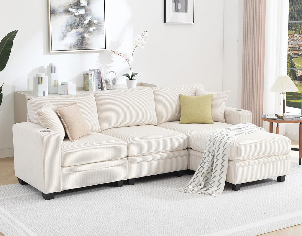 97" Modular Sectional Couch with Storage, Corduroy 3-Seater L Shaped Sofa with Ottoman Chaise, Removable Sofa Cover, Cloud Modular Sofas for Living Room, Apartment