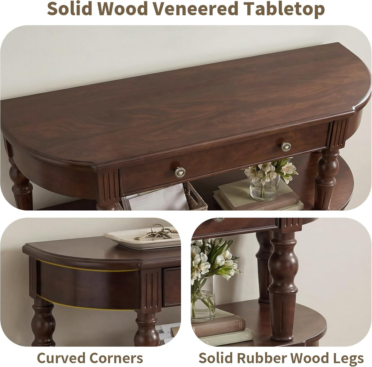 Curved Console Table with Solid Wood Legs, 47" Half Moon Sofa Table with Storage, Drawer & 2-Doors, Real Wood Veneer, Adjustable Shelf, Anti-Tip, Entryway Table for Living Room/Hallway,Walnut