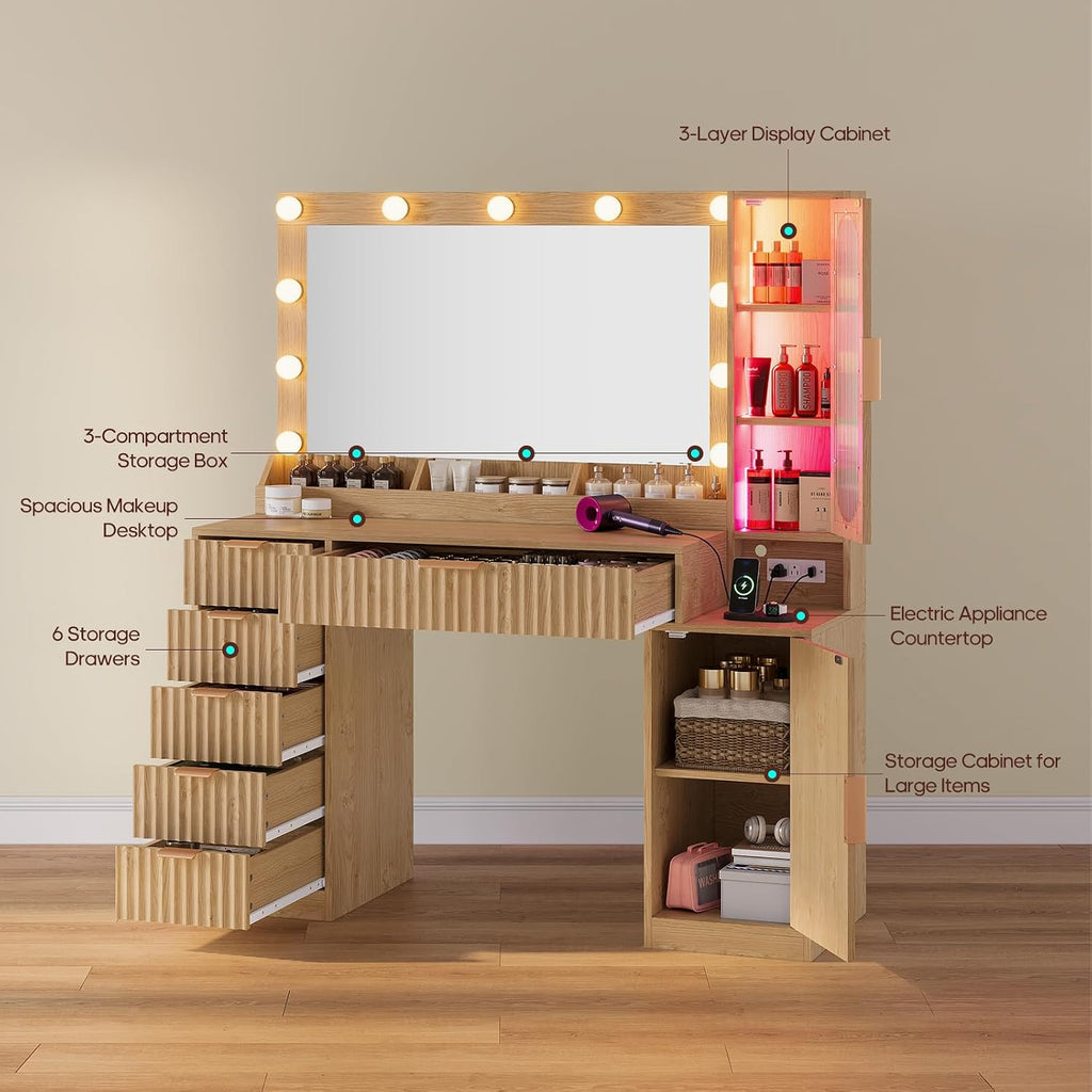 BTHFST Fluted Wood Vanity Desk with Large 31.5" Mirror and Lights, Oak | 46.1" Makeup Vanity with Charging Station, Glass Cabinet with RGB Lights, Dressing Table with 6 Drawers & Cabinet & Shelves
