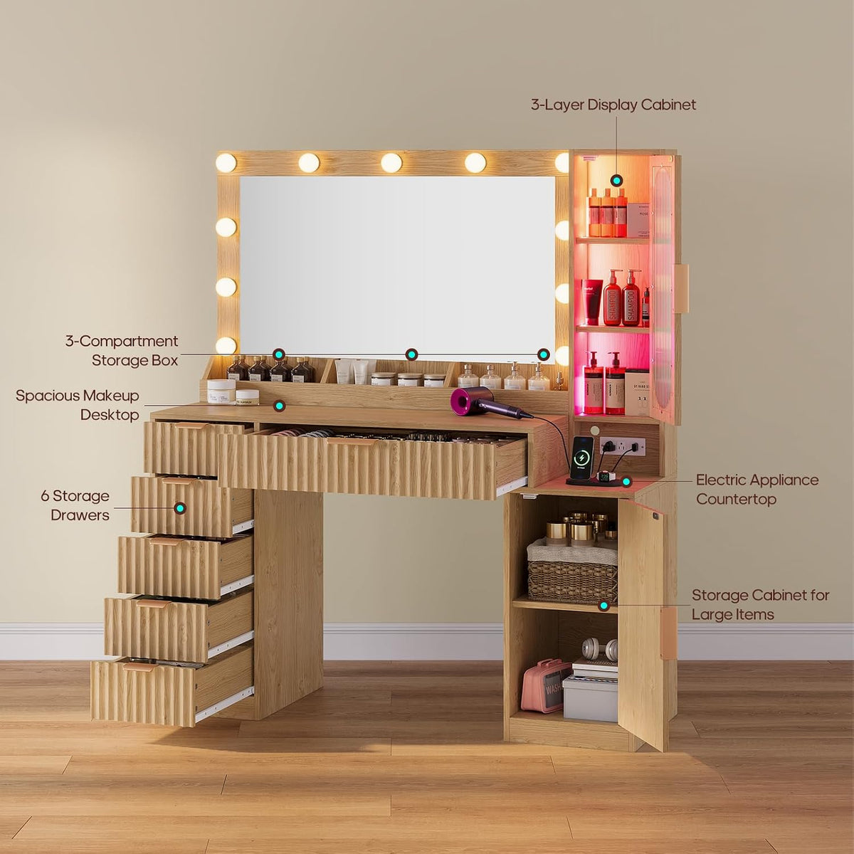BTHFST Fluted Wood Vanity Desk with Large 31.5" Mirror and Lights, Oak | 46.1" Makeup Vanity with Charging Station, Glass Cabinet with RGB Lights, Dressing Table with 6 Drawers & Cabinet & Shelves
