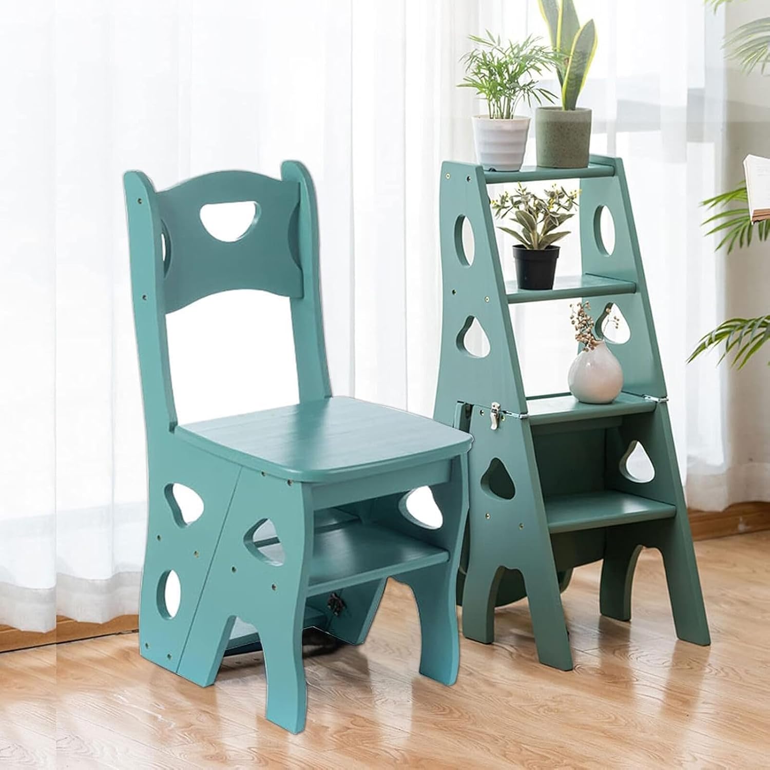 4 Step Wooden Folding Library Ladder Chair with Seat, Multifunctional Step Stool, Lightweight Portable Ladder Shelf, Stepladders Display Stand for Office Home Kitchen, Walnut