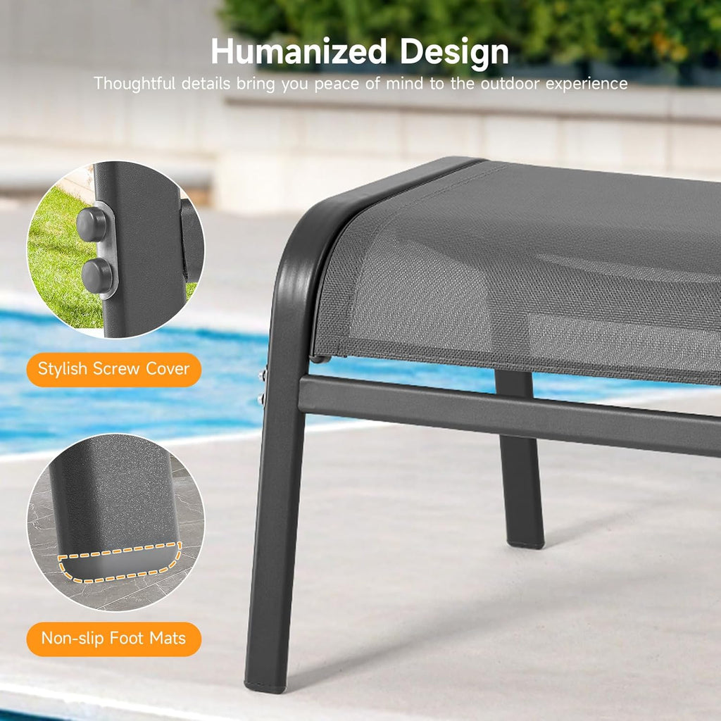 ONBRILL Outdoor Ottoman Set of 2, All Weather Outdoor Foot Stool with Supportive Textliene and Metal Frame, Stackable Oversized Outdoor Foot Rest for Furniture Patio Garden Pool, Grey