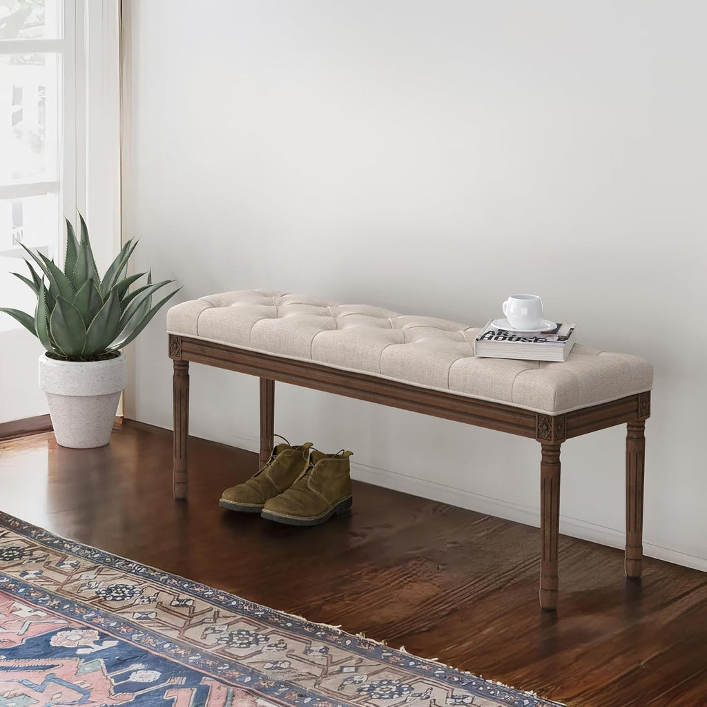 LUE BONA 44" Bedroom Bench, Fabric End of Bed Bench, Upholstered French Tufted Ottoman Bench with Carved Dark Brown Wood Legs for Bedroom End of Bed, Living Room, Linen
