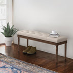 LUE BONA 44" Bedroom Bench, Fabric End of Bed Bench, Upholstered French Tufted Ottoman Bench with Carved Dark Brown Wood Legs for Bedroom End of Bed, Living Room, Linen