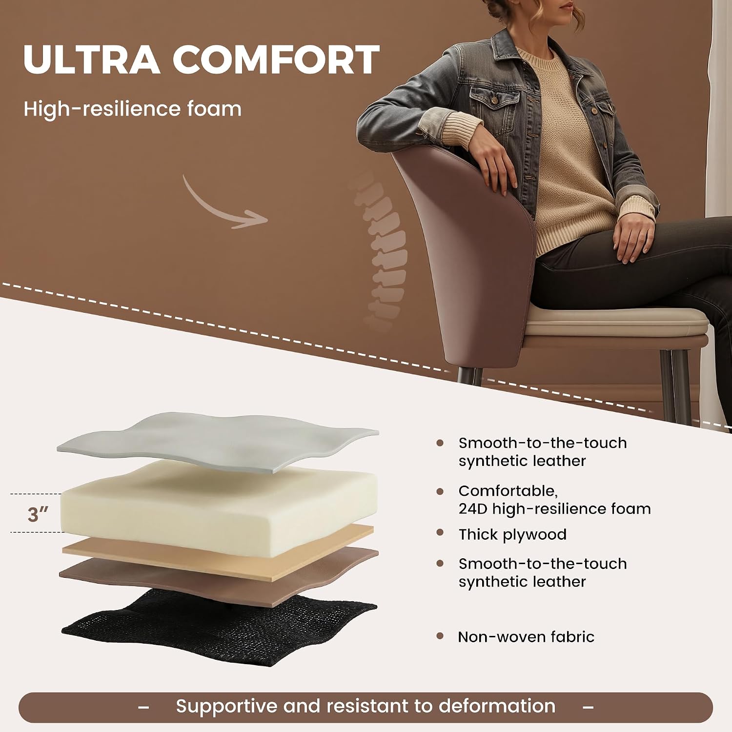 Modern Curved Back Dining Chairs Set of 4, Faux Leather Upholstered Accent Chair, Mid-Century Kitchen Side Chair with Soft Cushion for Dining Room, Living Room, Bedroom, Brown