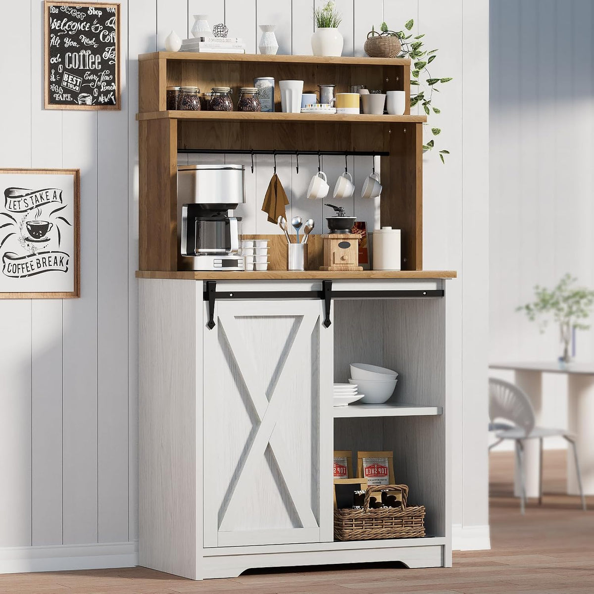 BestHaped Farmhouse Coffee Station with 3 Tier Storage Hutch & 6 Hooks - 56 Inch Small Coffee Bar Table with Adjustable Shelves for Living/Dining Room