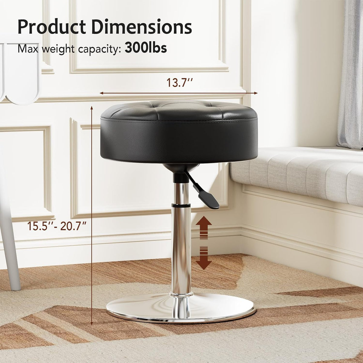 Youtanic Vanity Stool with Adjustable Height, 360°Swivel Ottoman Chair for Adults, Round Padded Makeup Stool with Stable Support for Vanity Bedroom, Bathroom, Dorm, Black