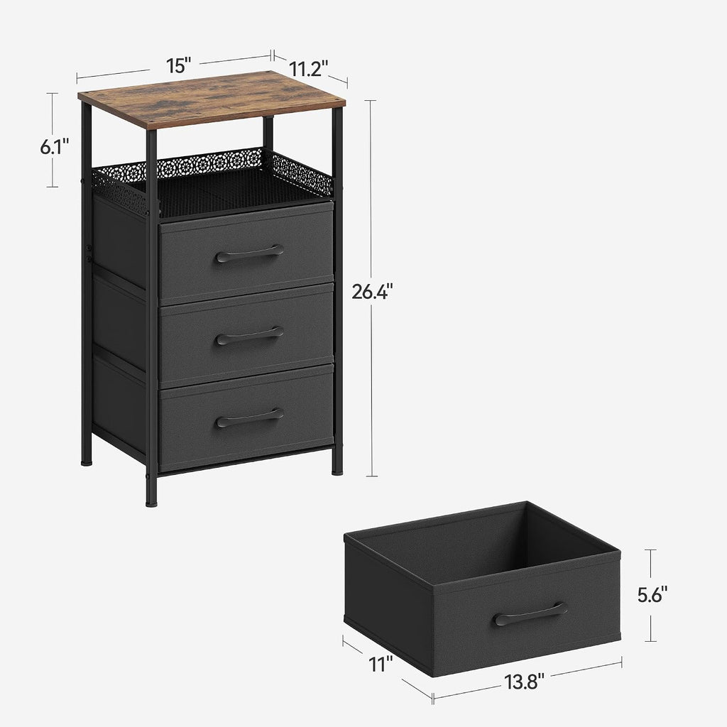 JARHETUN Nightstand Set of 2, Night Stands with 3 Fabirc Drawers, 26.4 Inch Tall Bedside Table with Metal Shelf, Modern Side End Table Storage Furniture, Small Dresser for Bedroom, Rustic Brown