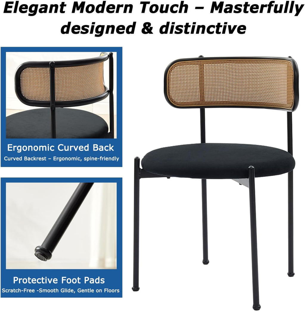 Rattan Dining Chairs Set of 4, Mid-Century Modern Chair with Boucle, Kitchen Dining Room Chairs for Living Room with Metal Legs, Round Upholstered Sherpa