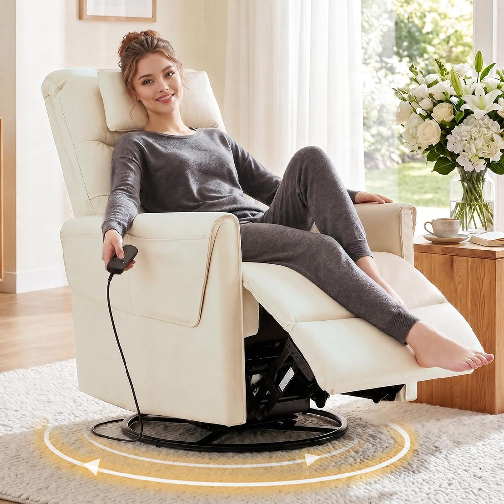 AIRSKY Genuine Leather Power Swivel Rocking Recliner Chair for Adults | Recliners for Small Spaces, Top Grain Leather, Power Glider Rocking Chair with Movable Headrest for Living Room, Beige