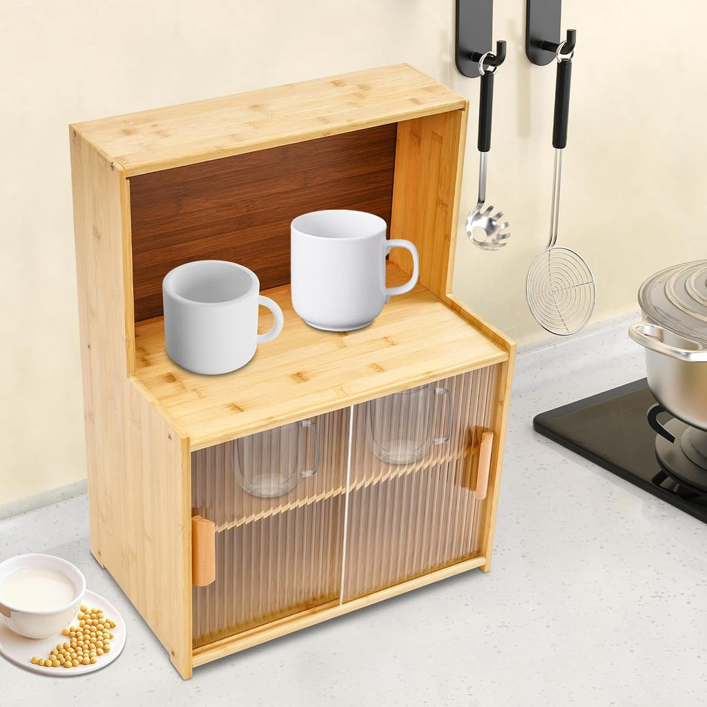 Kitchen Storage Cabinet with Sliding Doors, Bamboo Kitchen Pantry Sideboard, Adjustable Shelf Height, Semi-Clear Glass, for Spice Jars, Kitchen Utensils, Cups, Props , 17.7"x11"x24" (Log Color)
