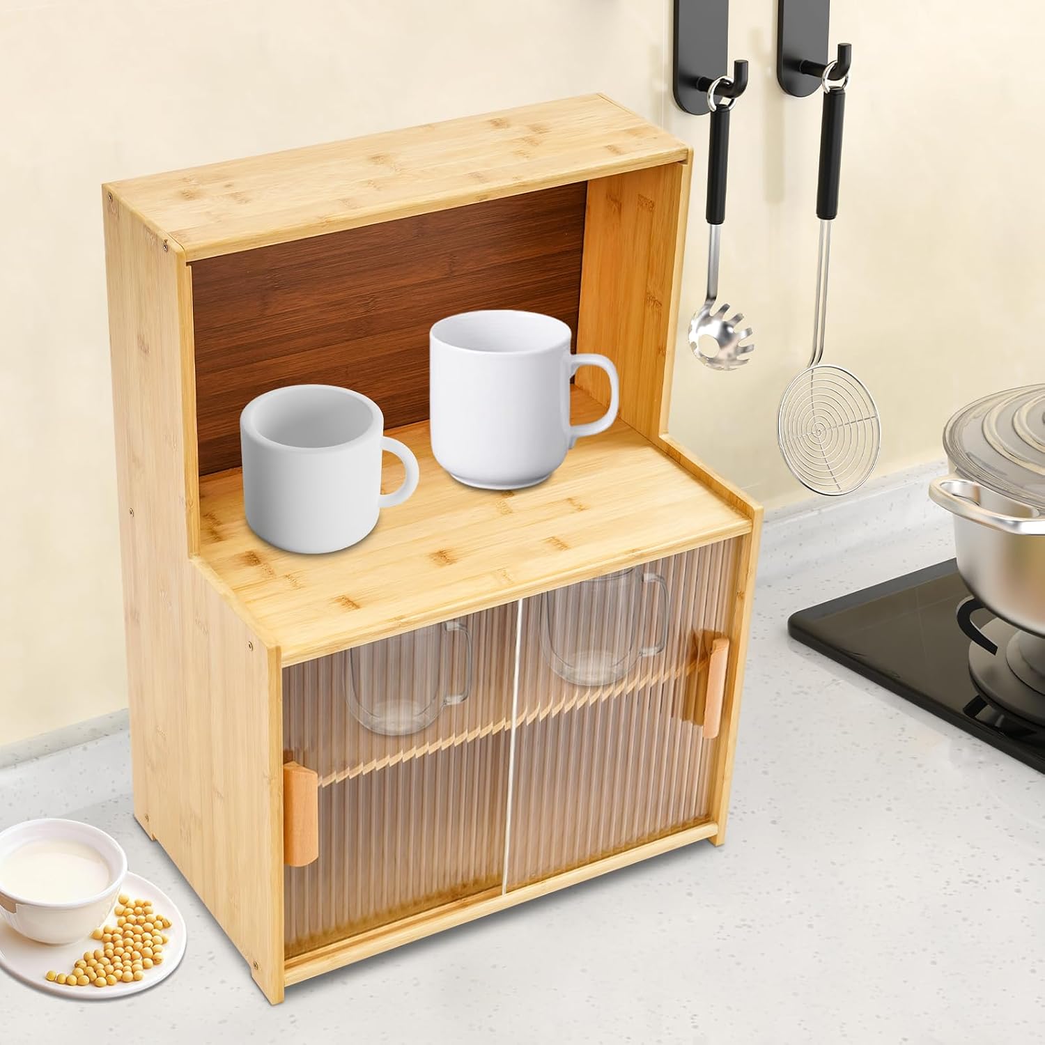Kitchen Storage Cabinet with Sliding Doors, Bamboo Kitchen Pantry Sideboard, Adjustable Shelf Height, Semi-Clear Glass, for Spice Jars, Kitchen Utensils, Cups, Props , 17.7"x11"x24" (Log Color)
