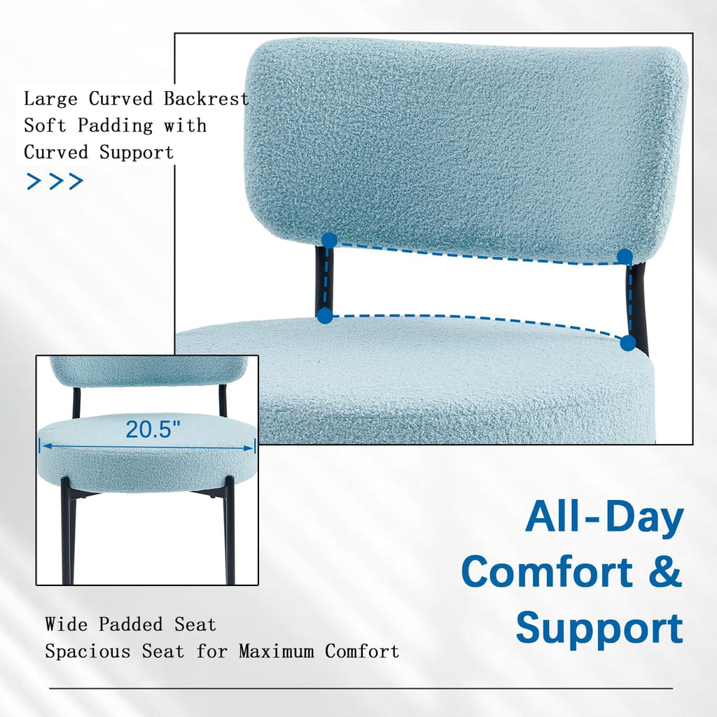 Boucle Dining Chairs Set of 2, Blue Mid Century Modern Kitchen Dining Room Chairs with Curved Backrest and Metal Frame, Round Upholstered Dining Chairs for Kitchen, Living Room