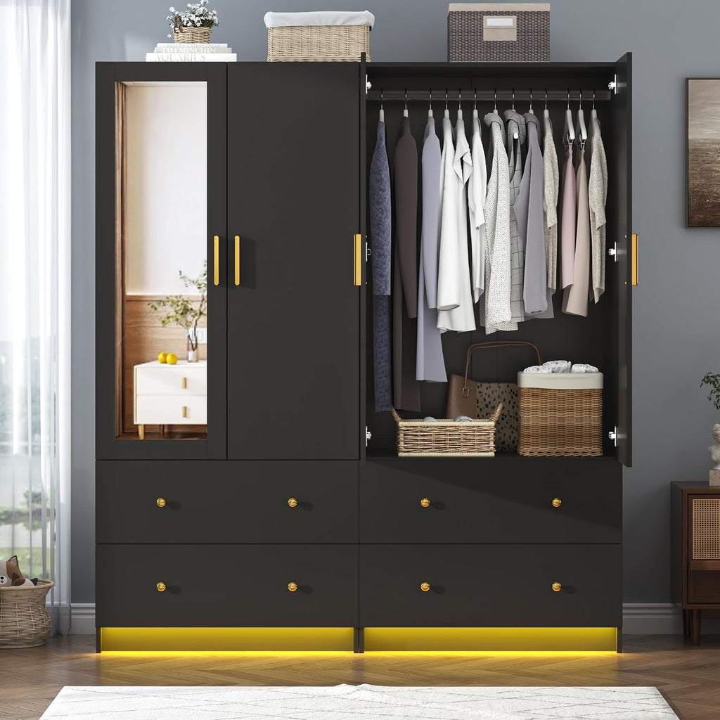 chartustriable 2 Doors Armoire Wardrobe Closet with Mirror, LED Closet with Doors and Drawers, Wooden Wardrobe Storage Cabinet with Hanging Rod, Small Armoire, Black