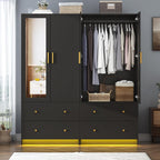 chartustriable 2 Doors Armoire Wardrobe Closet with Mirror, LED Closet with Doors and Drawers, Wooden Wardrobe Storage Cabinet with Hanging Rod, Small Armoire, Black