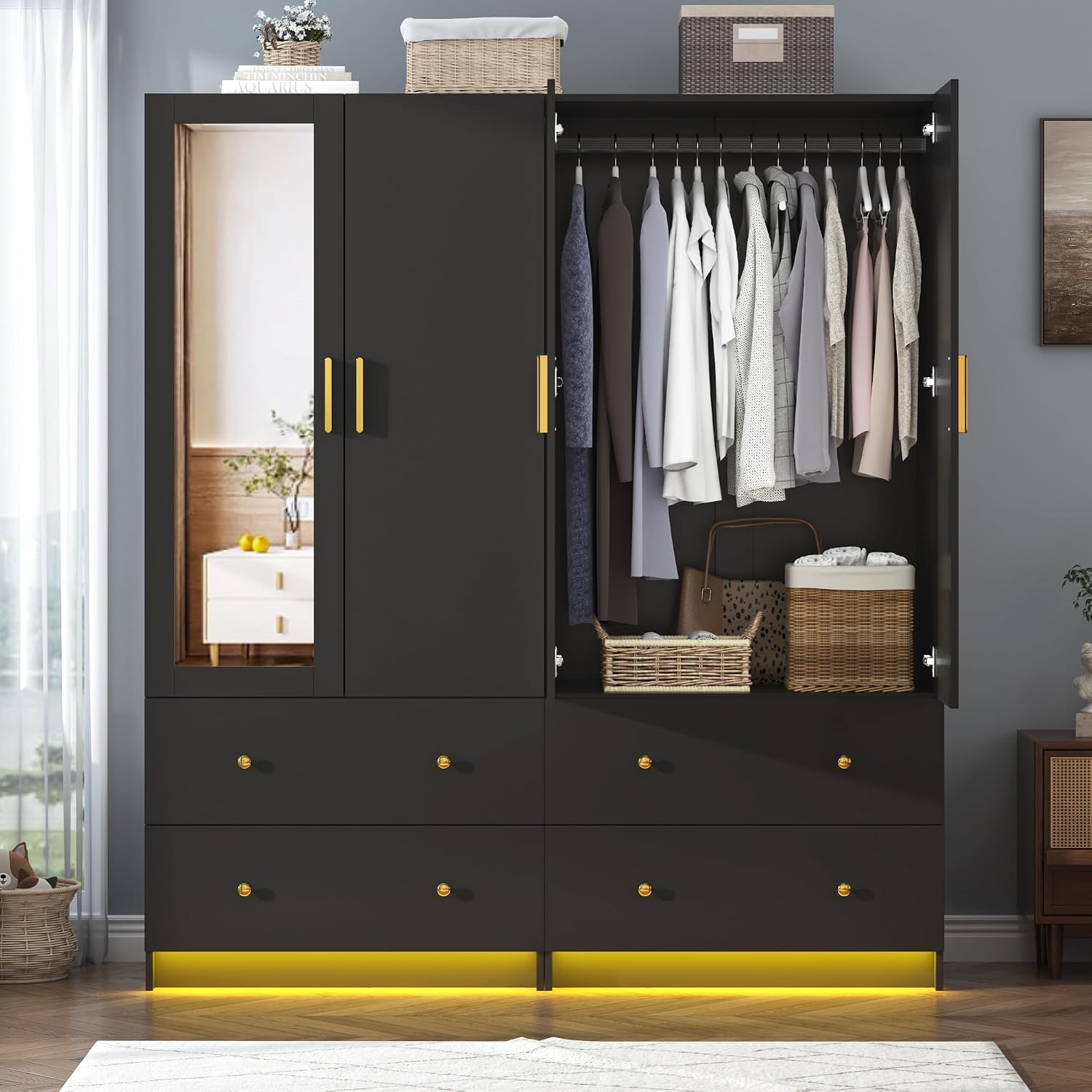 chartustriable 2 Doors Armoire Wardrobe Closet with Mirror, LED Closet with Doors and Drawers, Wooden Wardrobe Storage Cabinet with Hanging Rod, Small Armoire, Black