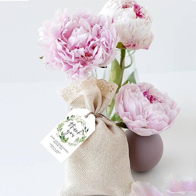 Andaz Press 100-Pack Personalized Thank You for Celebrating with Us Wedding Favor Tags with Bakers Twine Greenery Wreath Custom Cardstock Wedding Gift Tags Thank You Tags for Party Favors 2” X 3.75”