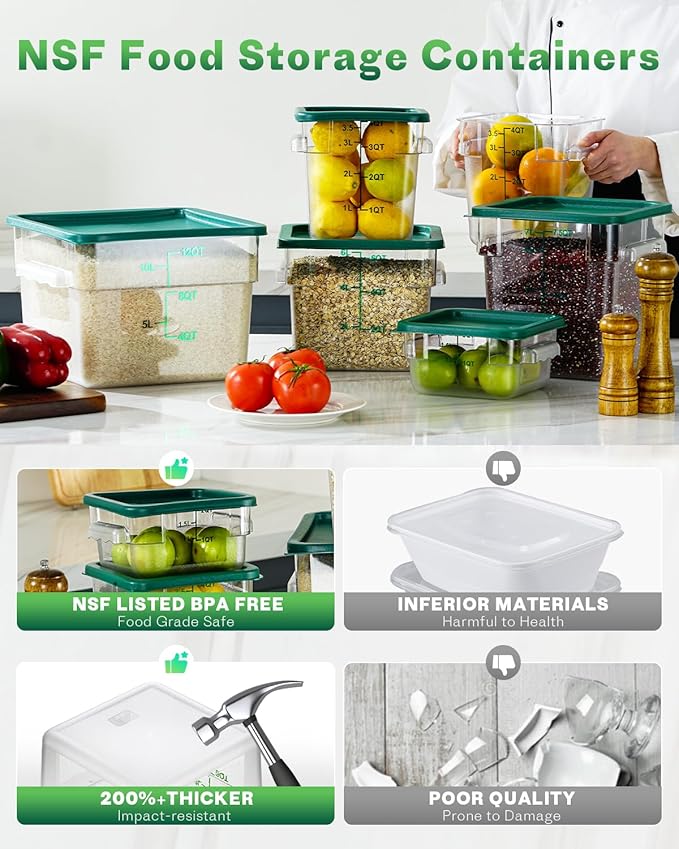 8QT NSF Food Storage Containers: 8 PCS [Food Grade][Hot&Cold Resistant] Commercial Clear Square Food Storage Containers with Scales Handles for Home Restaurant Kitchen Proof Dough(BPA FREE-GREEN)