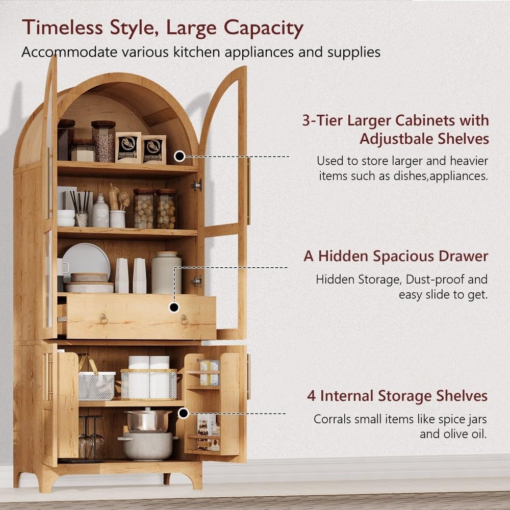 71" Tall Arched Kitchen Pantry Cabinet with Glass Doors, Adjustable Shelves & Hidden Drawer, Cupboard for Kitchen, Dining Room (Natural)