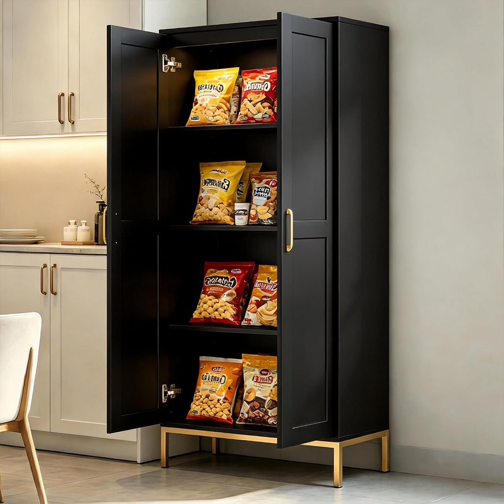 Kitchen Pantry Cabinet,Kitchen Pantry with 2 Adjustable Shelves,4 Shelf Cabinet,Freestanding Floor Cabinet,Unit for Garage Storage,Pantry,Laundry Room,Organization and Storage,Black