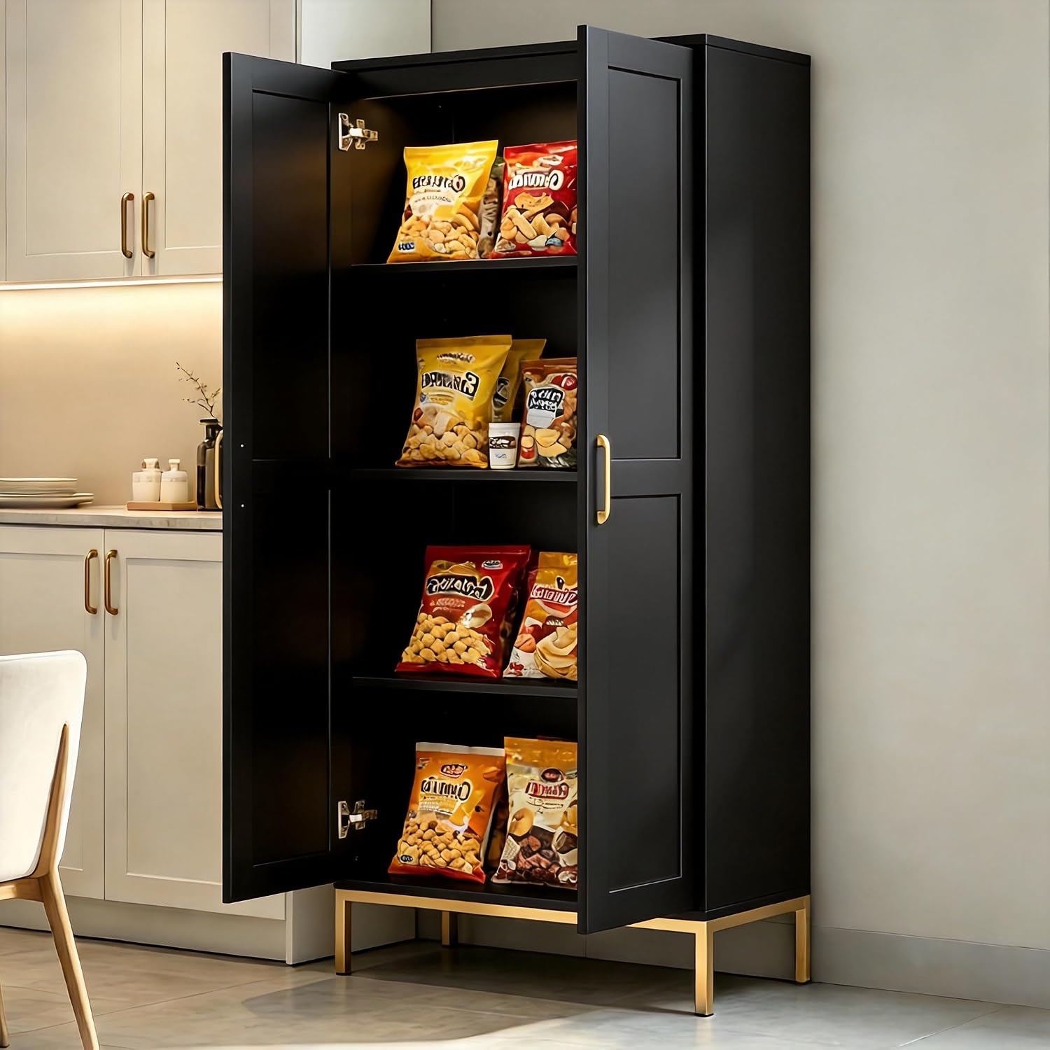 Kitchen Pantry Cabinet,Kitchen Pantry with 2 Adjustable Shelves,4 Shelf Cabinet,Freestanding Floor Cabinet,Unit for Garage Storage,Pantry,Laundry Room,Organization and Storage,Black